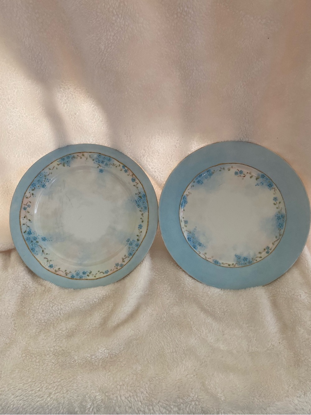 Antique Limoges Blue and Gold Floral Porcelain Dinner Plates - Pair